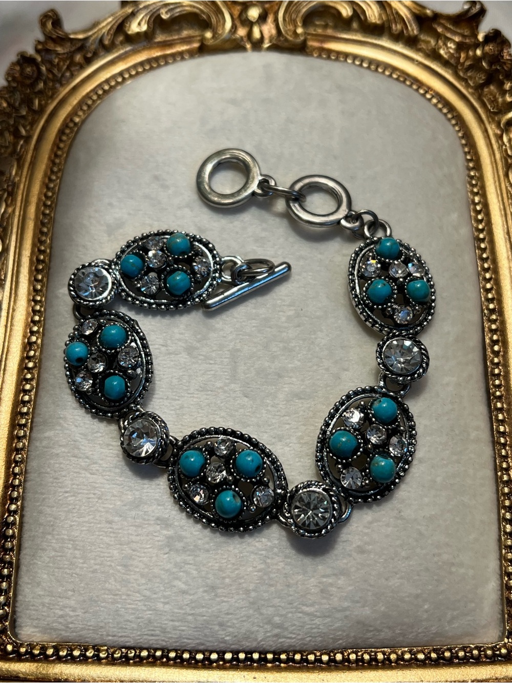 Turquoise Stone and Crystal Oval Link Bracelet - Women Jewelry